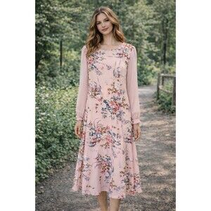 Bloomchic Women’s Blush Pink Floral Midi Dress Long Sleeve Sheer Sleeve...